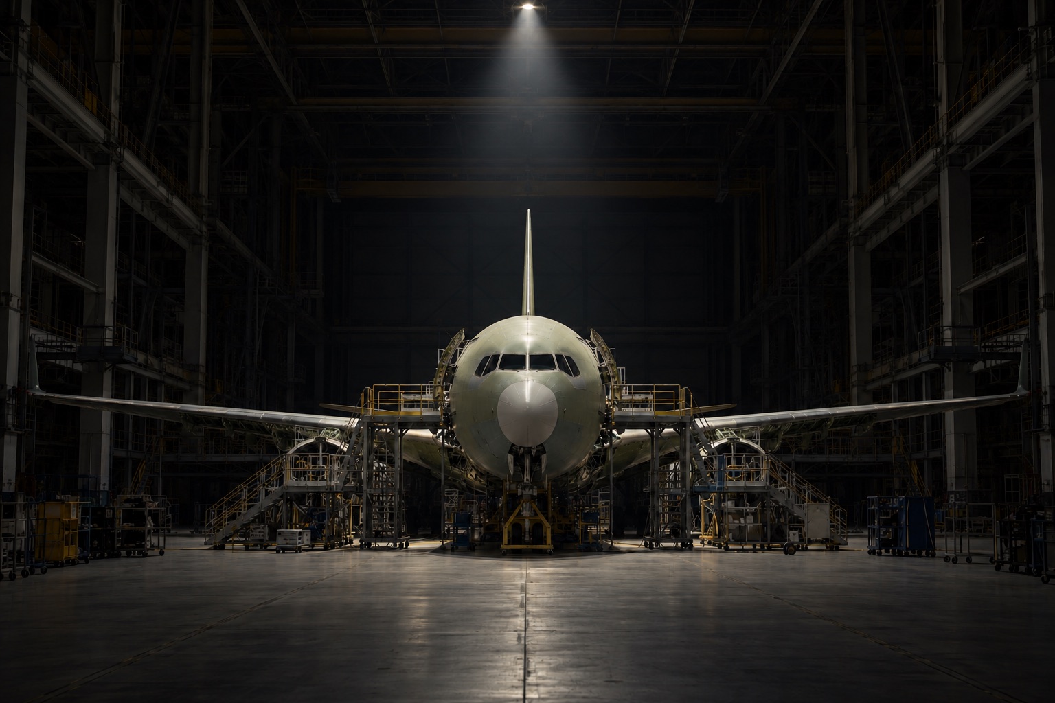 A single unmarked airliner under assembly, nose-on, dwarfed by a vast, dim assembly hall lit by a single light from above.