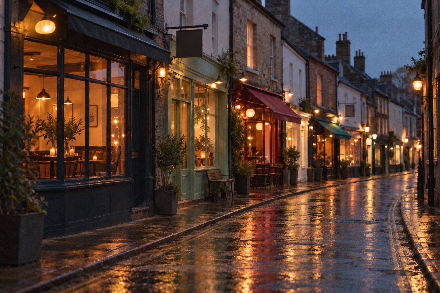 A narrow British street at dusk, lined with small, different restaurants, each warmly lit in its own way, reflected in wet pavement.